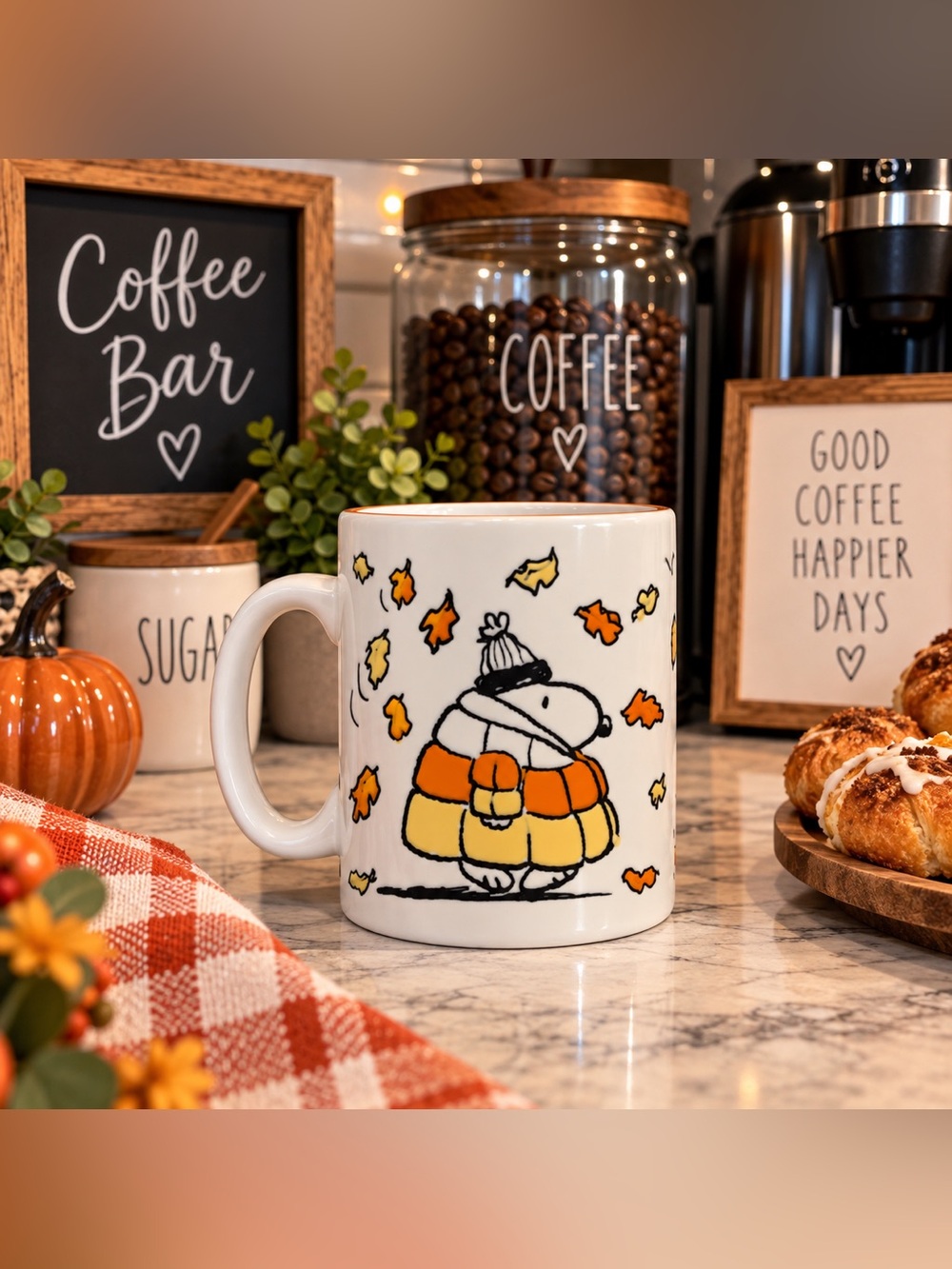 Peanuts Snoopy Candy Corn White Mug with Orange & Yellow Fall Design — Peanuts